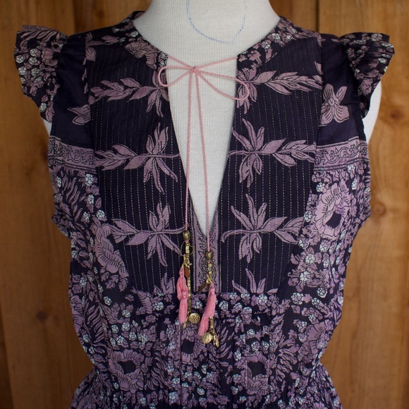 Alicia Bell Cotton & Silk Violet/Blue Peasant Boho Sleeveless Floral Midi Dress - Picture 4 of 16